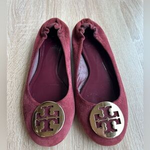 Tory Burch Burgundy Suede Reva Logo Ballet Flats with Gold Medallions